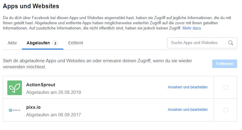 Screenshot der Facebook Ansicht "Apps und Websites"