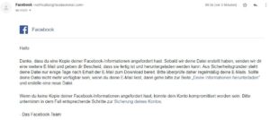 Email von Facebook, Bestätigung der Daten-Anforderung