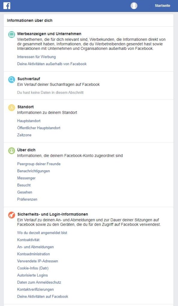 Facebook Screenshot, Ansicht "Informationen über dich"