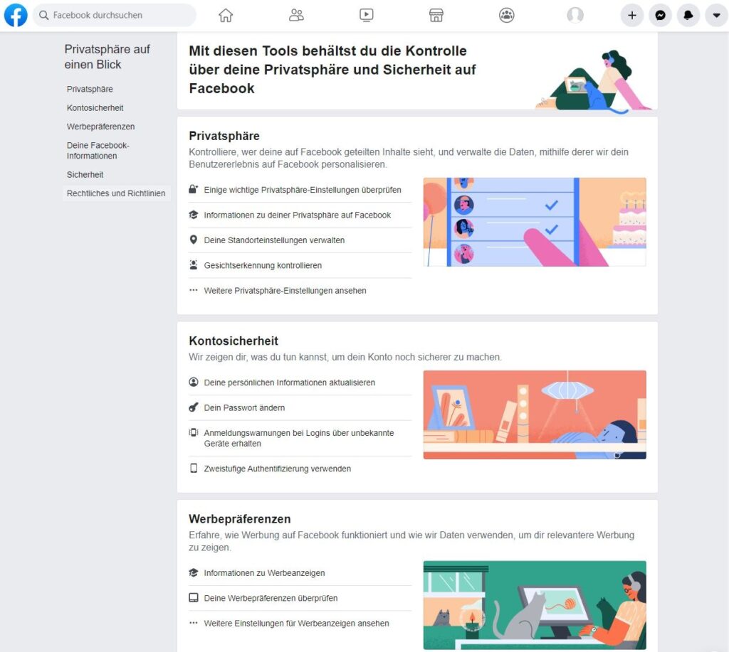 Screenshot von Facebook-Ansicht "Privatsphäre auf einen Blick"
