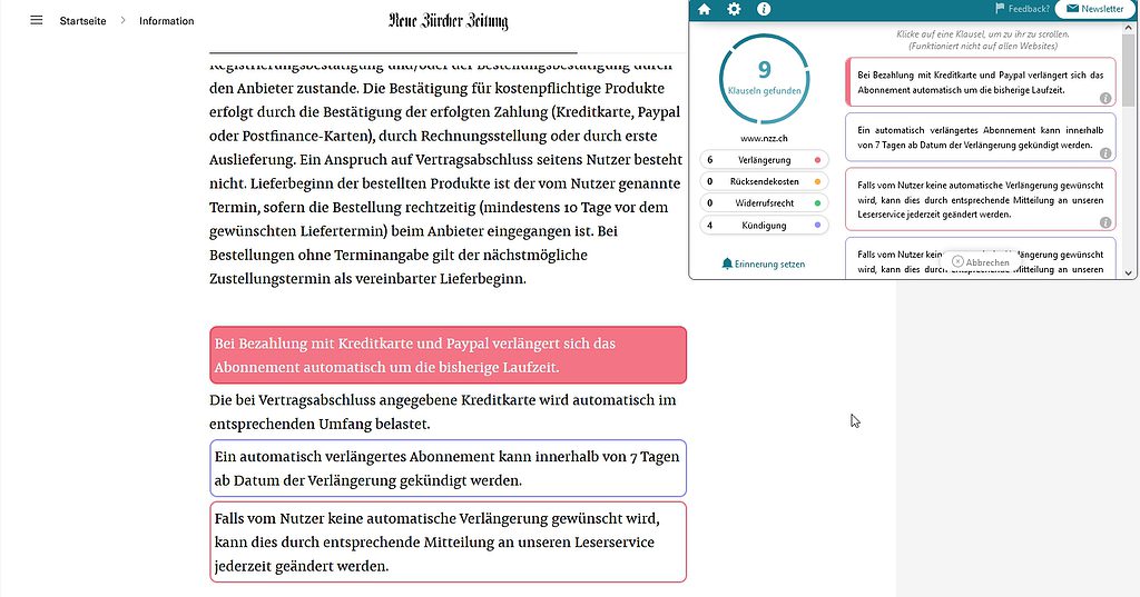 AGB-Check Browsererweiterung zeigt 9 relevante Klauseln bei NZZ AGB