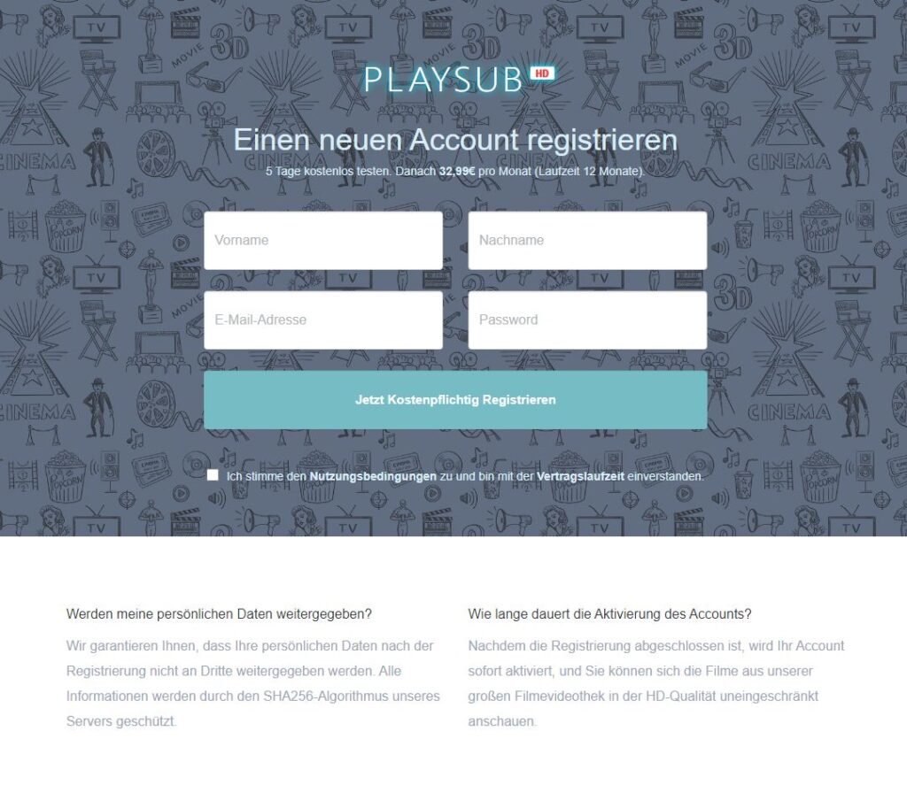 Registrierungs-Maske mit Kostenhinweis und Checkbox für Nutzungsbedingungen