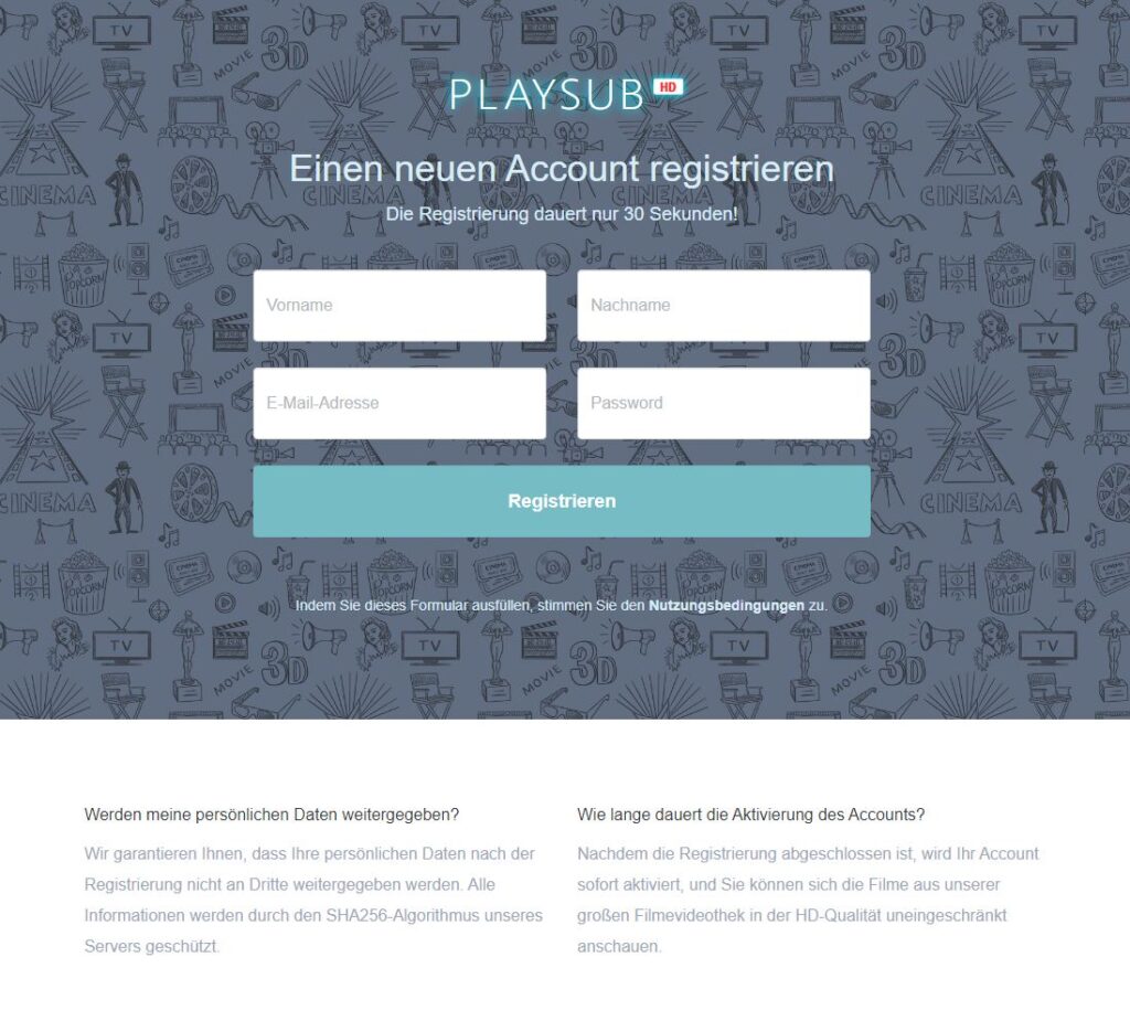Registrierungsmaske ohne Kostenhinweis oder Checkbox für Nutzungsbedingungen