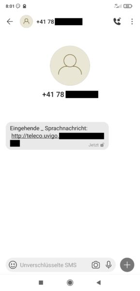 Screenshot einer SMS-Nachricht, mit der Schadsoftware per Link verbreitet wird