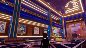 Screenshot aus dem Decentraland, auf dem die Rapture Gallery (eine Kunstgalerie im Metaverse) zu sehen ist.