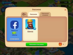 Screenshot aus dem Game Township: Das Einladen von Facebook-Freund:innen wird mit 5 Geldscheinen (virtuelle Währung) belohnt.