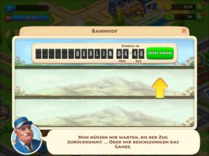 Screenshot aus dem Tutorial des Spiels Township, bei dem das Spiel seine Spieler:innen zum Überspringen der Wartezeit auffordert. Mit dem täuschenden Design wird bezweckt, dass Spieler:innen später kostenpflichtig die Wartezeit überspringen.