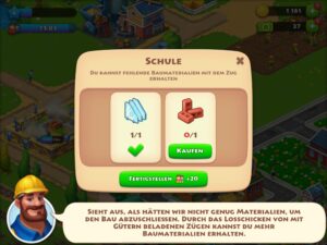 Screenshot aus dem Spiel Township: Zum Bau eines Gebäudes braucht es Gegenstände, die seltener sind. Ein Beispiel für ein manipulatives Design.