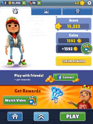 Screenshot aus dem Spiel Subway Surfers, der die virtuellen Währungen (Münzen und Schlüssel) zeigt.