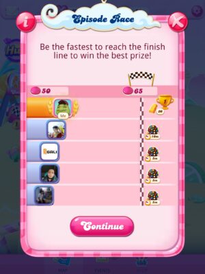Screenshot aus dem Mobile Game Candy Crush Saga, zeigt eines der vielen Events, mit denen Spieler:innen zum intensiveren Spielen animiert werden