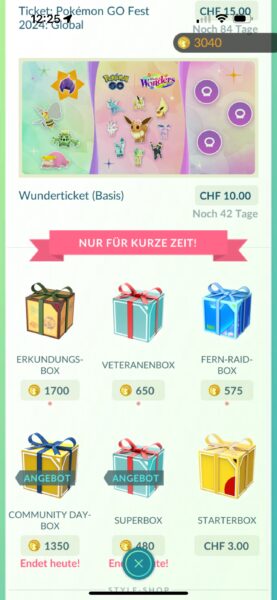Screenshot des Shops im Spiele-App Pokémon Go, mit Battlepass "Wunderticket (Basis)" und limitierten Boxen mit virtuellen Gegenständen