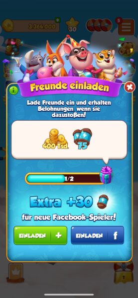 Screenshot aus dem Spiele-App Coin Master. Der:die Spieler:in wird dazu aufgefordert, für Belohnungen Facebook Freund:innen einzuladen.
