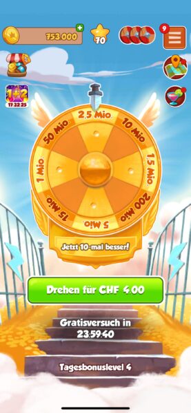 Manipulatives Design im Game Coin Master: Täglich kann das Glücksrad einmal kostenlos gedreht werden.